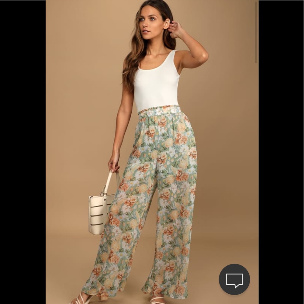 Lulus Sage Floral Print Side Slit Wide-Leg Pants